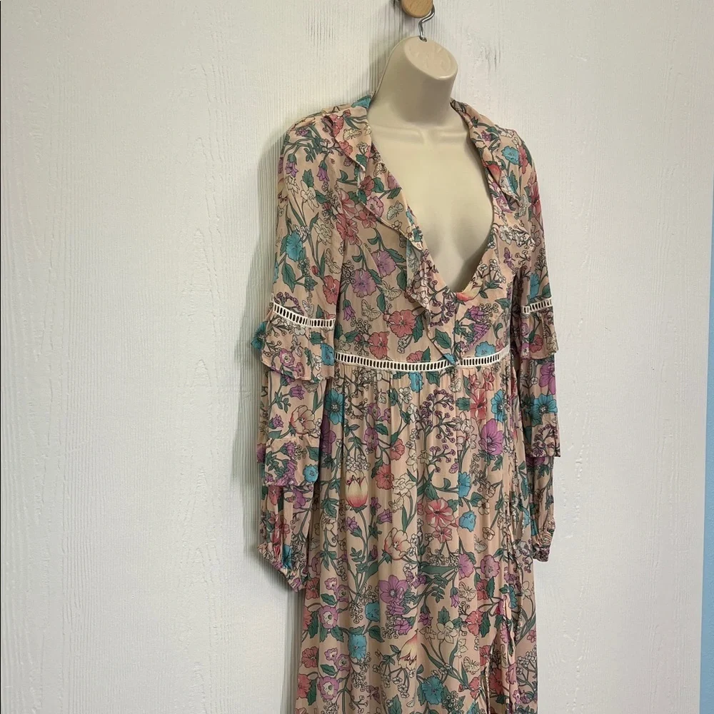 Spell - Sayulita Frill Colorful Floral V Neck Long Sleeve Midi Dress Size Medium - Picture 4 of 14